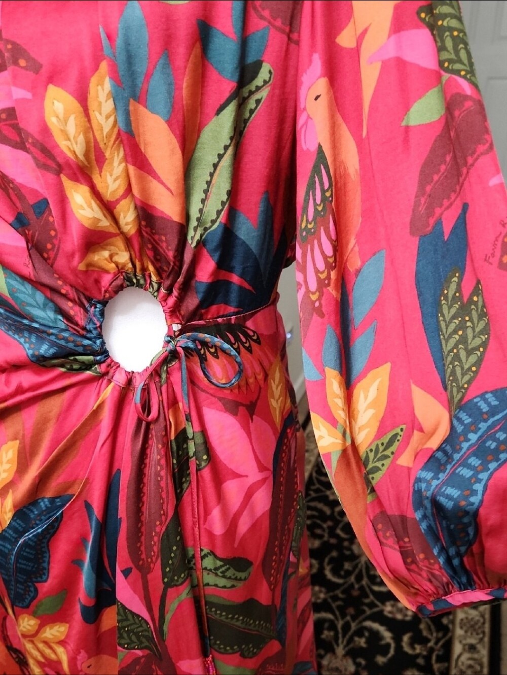 FARM Rio Red Rooster Leaves Cut Out Satin Dress Long Sleeve Mini Size L - Picture 11 of 17